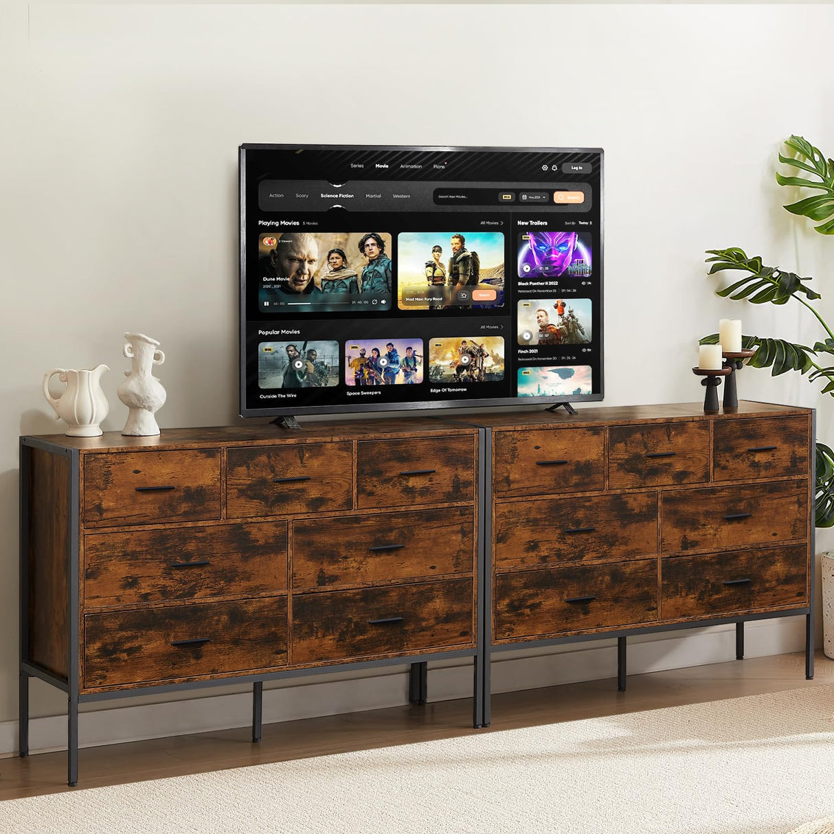 Lyromix Wood Rustic Dresser with 7 Drawers, Wide 48'' Brown TV Stand for Bedroom, Modern Storage Dresser Organizer for Bedroom Living Room, 48.5"x15.7"x31" Lyromix