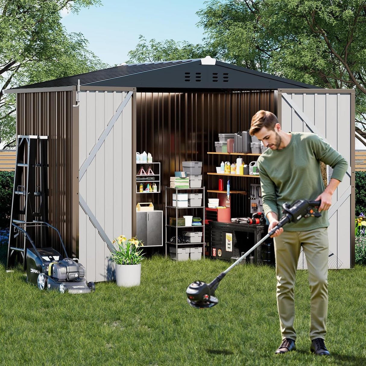 COMHOMA Shed Outdoor Storage Shed Metal,Lockable Doors Tool Sheds with Sloping Roof,Steel Garden Shed with Air Vent for Backyard,Patio,Lawn,Poolside (Brown, 8'*6') COMHOMA