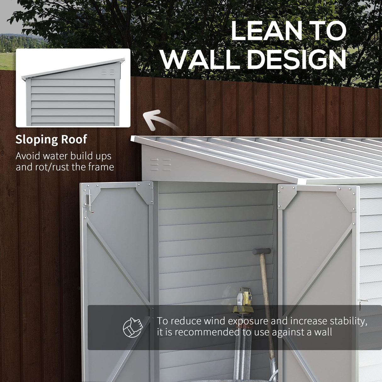 Outsunny 4.6' x 9' Steel Outdoor Storage Shed, Lean to Shed, Metal Tool House with Foundation Kit, Lockable Doors, Gloves and 2 Air Vents for Backyard, Patio, Lawn, White Outsunny