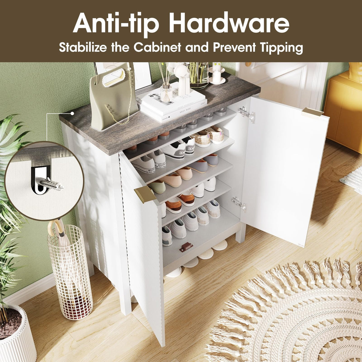 Maupvit 5-Tier Shoe Cabinet with Fluted Doors, Farmhouse Storage Cabinet with Adjustable Shelves, Wooden Shoe Rack Organizer Cabinet for Entryway, Foyer, Hallway, Living Room, White Maupvit