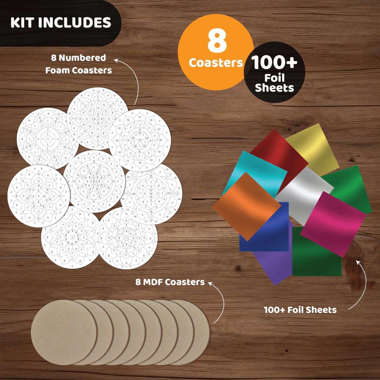 Unwynd Foil by Number Mandala Coaster Kit, 8 Pc DIY Foil Art Kit for Adults, Just Like Paint by Number Kits, Relaxing Arts & Crafts Coaster Set, Craft Gift for Teen & Women Unwynd