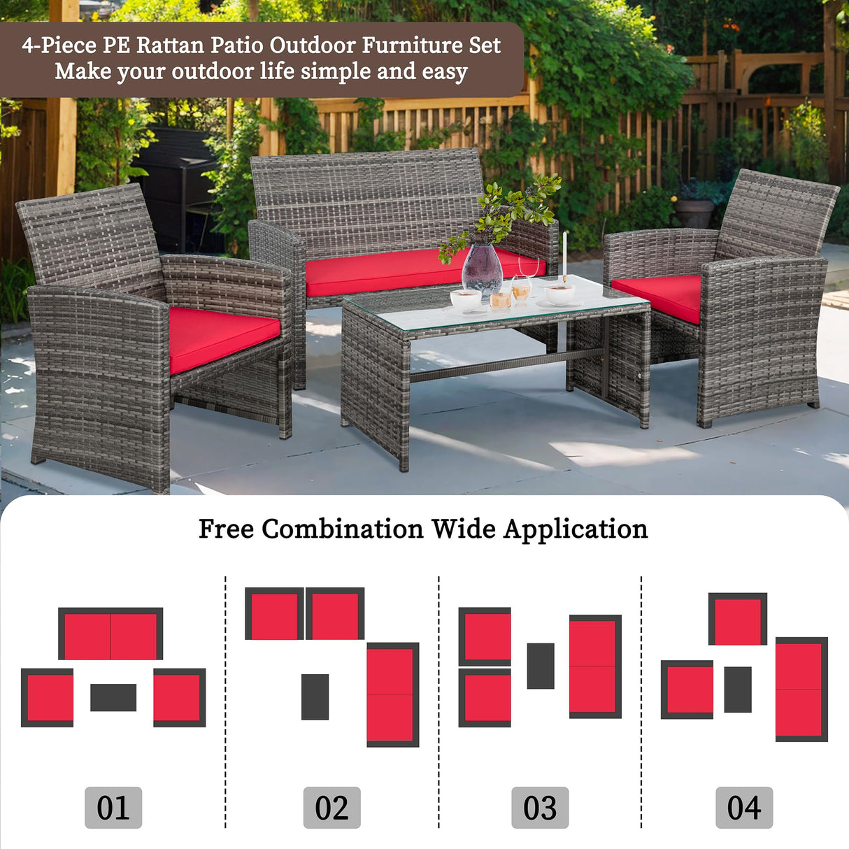 Shintenchi 4 Piece Patio Ratten Set Outdoor Furniture Set Wicker Conversation Set with Cushions and Tempered Glass Tabletop,Red Shintenchi