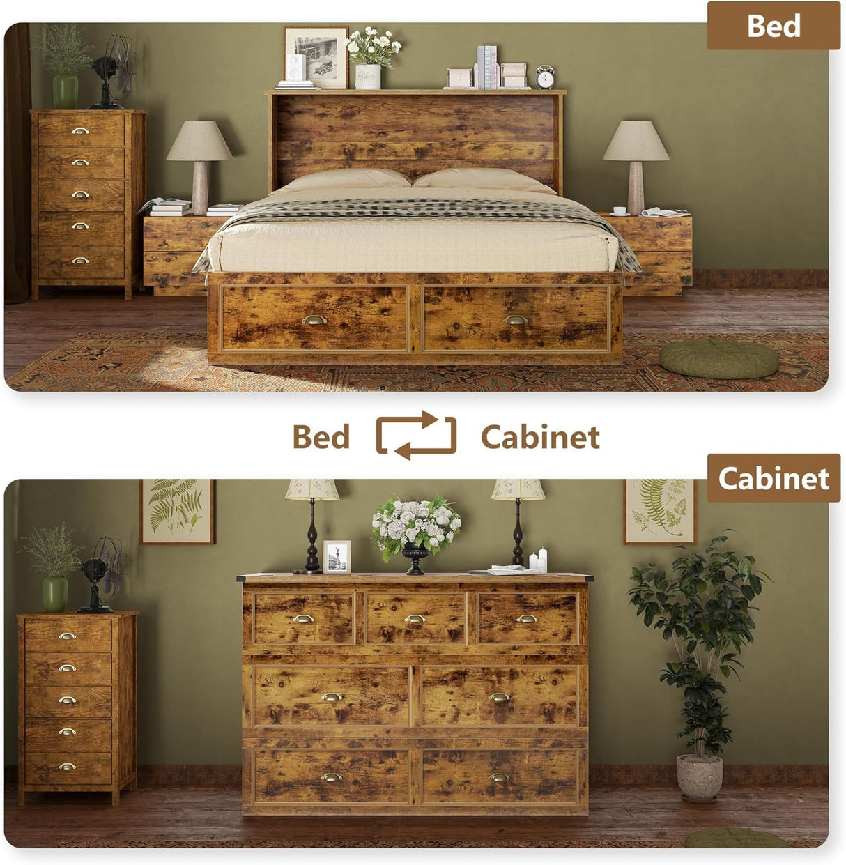 AMERLIFE Farmhouse Murphy Bed, Full Size Wooden Cabinet with Charging Station and Storage Drawer for Bedroom/Office/Guest Room, Rustic Brown AMERLIFE