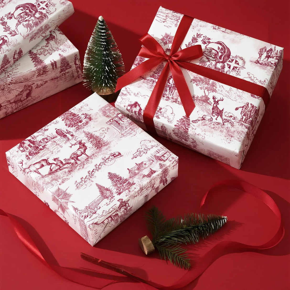 WRAPAHOLIC Toile Vintage Christmas Wrapping Paper - Mini Roll - 17 Inch x 16.5 Feet - Santa Toile de Jouy Red Christmas Wrapping Paper for Xmas Holiday, Party Celebration WRAPAHOLIC