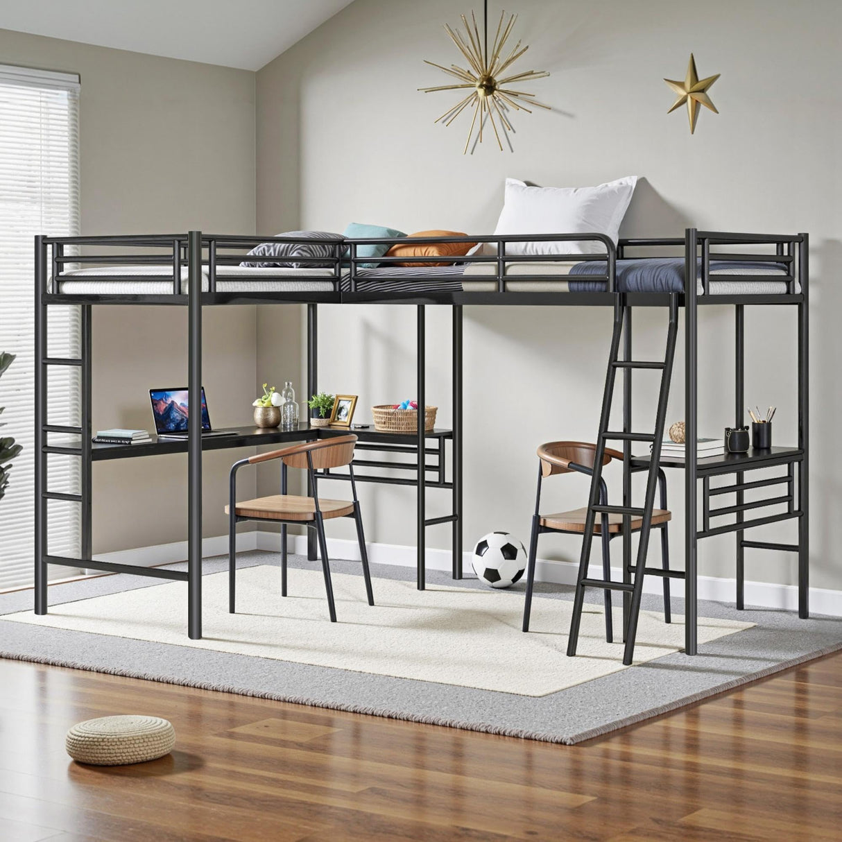 INCLAKE L Shaped Metal Loft Bed with 2 Desk, Twin Size Loft Bed with Safety Guardrail and 2 Ladder, Heavy-Duty Steel Frame Corner Twin Bed for Girls Boys Teens, Black INCLAKE