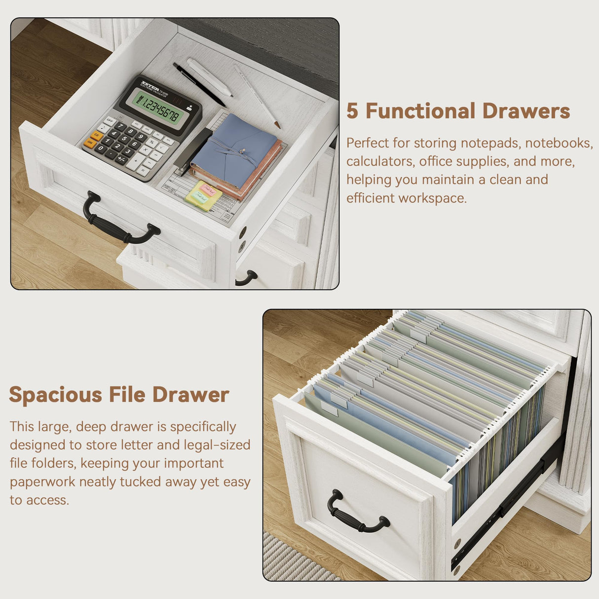 Farmhouse 57" Lift Desktop Executive Desk with 6 Drawers and Charging Station, Wood Home Office Computer Desk with File Cabinet Storage, Keyboard Tray,Headphone hook for Work,Study, Antique White Jocoevol