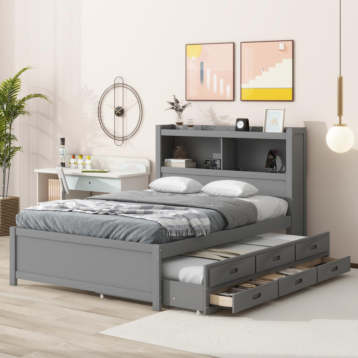 Harper & Bright Designs Full Size Platform Bed with Trundle, Drawers and Bookcase Headboard with USB Plugs, Hardwood Full Size Bed Frame, No Box Spring Needed - Gray Harper & Bright Designs