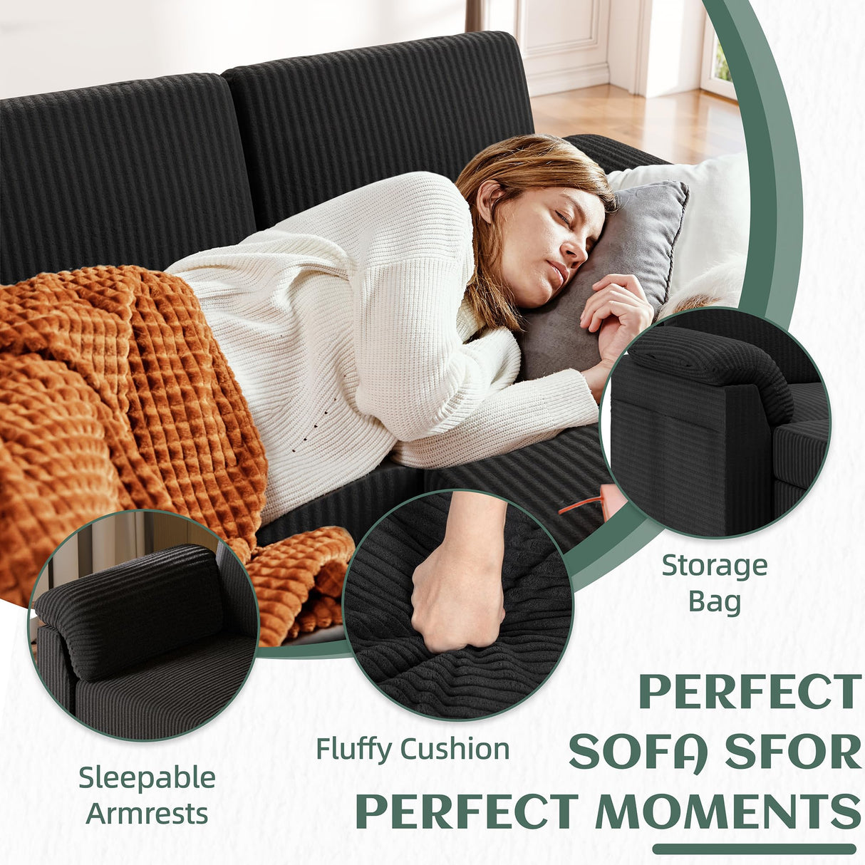 Vongrasig Convertible Sectional Couches, 3 Seat L Shaped Couch Sofa with Removable Pillows Linen Fabric Small Couch Mid Century for Living Room, Apartment and Office Black Vongrasig