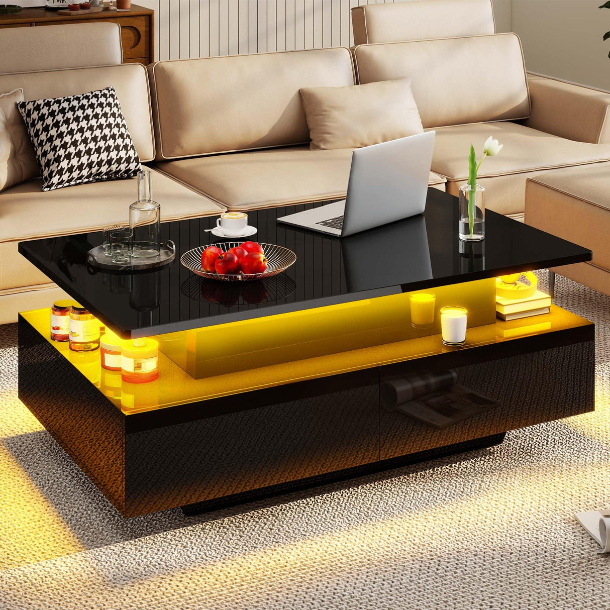 DWVO LED Lift Top Coffee Tables for Living Room, Rectangular Coffee Table with 4 Spacious Drawers, Modern Center Table with Lifting Top for Home Decor, Black DWVO