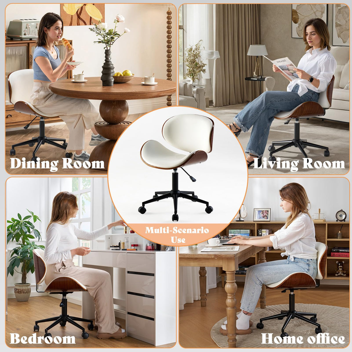 AMERLIFE Home Office Chair Set of 2, PU Leather Desk Chair, Modern Swivel Chair with Curved Back, Armless Desk Chair with Wheels for Home Office, White AMERLIFE