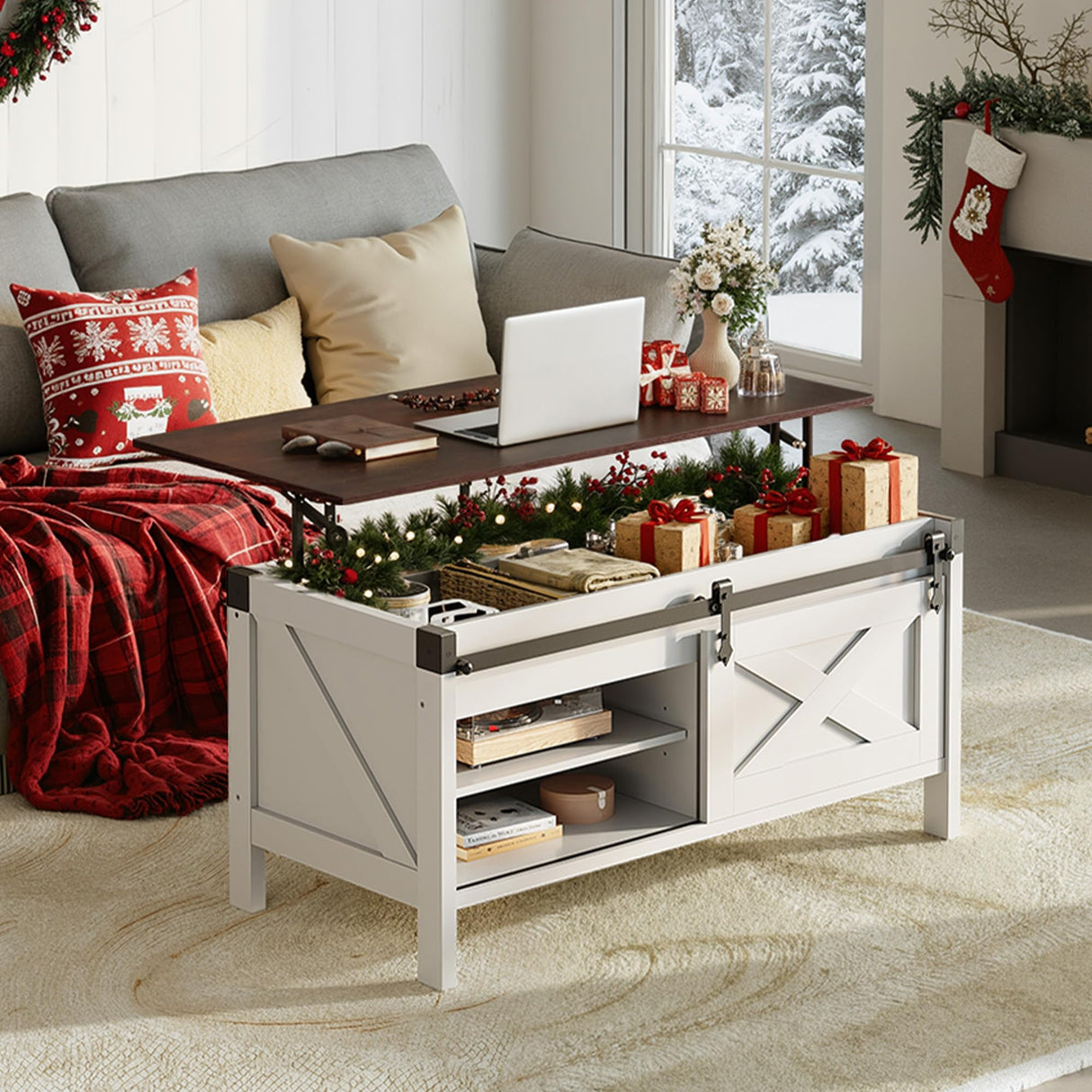 WLIVE Lift Top Coffee Table, 39.4" Farmhouse Coffee Table with Large Hidden Storage Compartment, Sliding Barn Doors, Modern Wood Center Table for Living Room, Office, White WLIVE