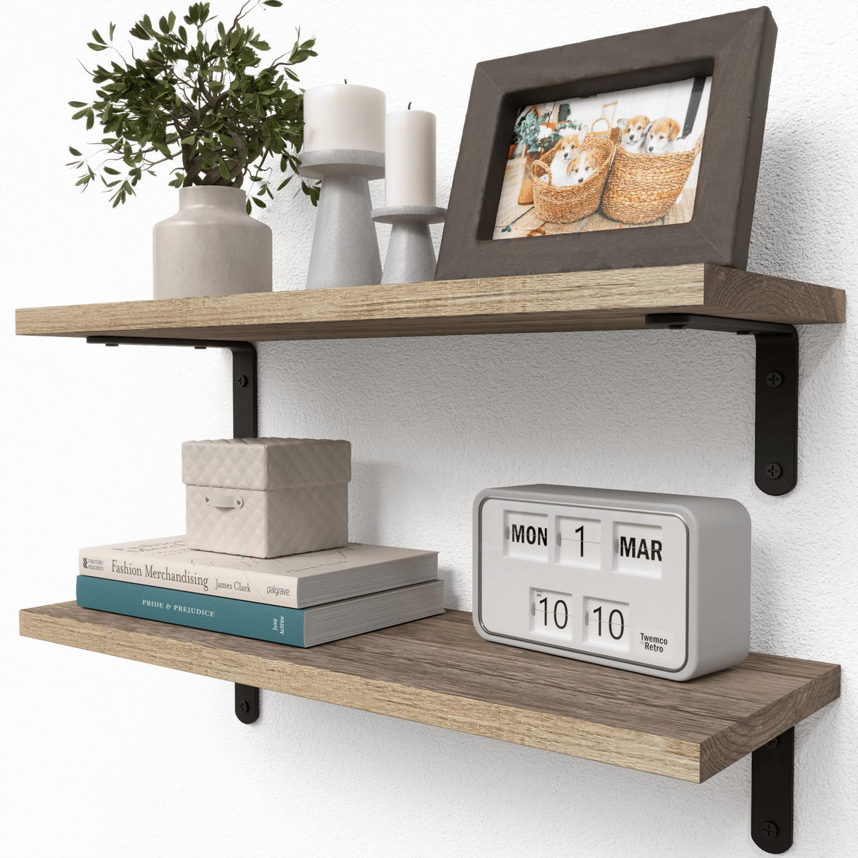 RICHER HOUSE Rustic Wood Shelves Set of 2, Farmhouse Style Floating Shelf for Wall Décor, Hanging Shelves for Bathroom, Bedroom, Storage, Kitchen, Living Room - Carbonized Black RICHER HOUSE