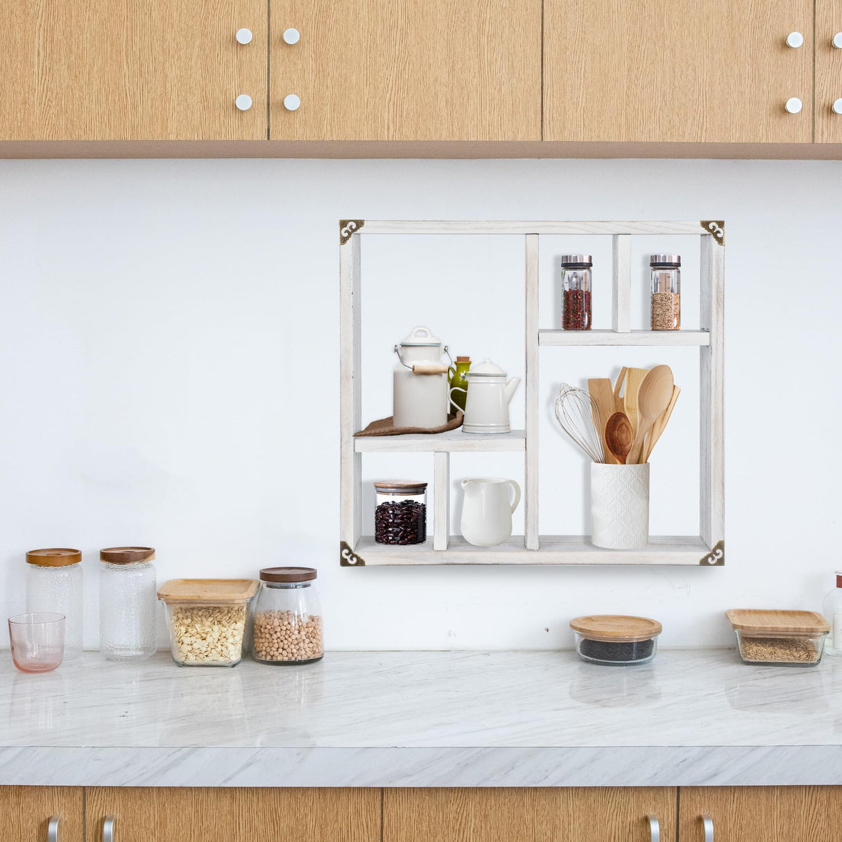 MITREL 17.7x15.7-Inch Shadow Box Display Shelf,6-Slot Rustic Floating Shelves,Larger Wood Trinket Shelf Freestanding Farmhouse Curio Shelf(6C-Rustic White) MITREL