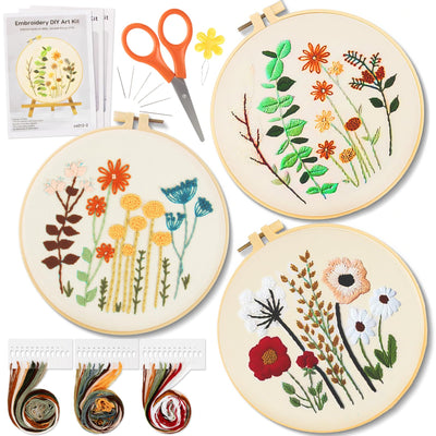 RAINFLOW Embroidery Kit for Beginners 3 Sets Stamped Cross Stitch Kits,Needle Point Kits Adults Beginner with Stamped Easy Flowers Plant Patterns,DIY Needlework Mothers Day Gifts for Adults Women
