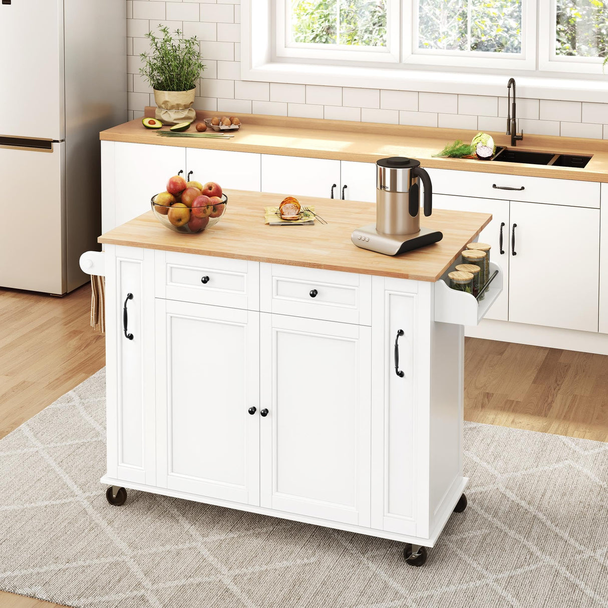Yaheetech 52"W Kitchen Island with Drop-Leaf Breakfast Bar and 2 Pull-outs, Kitchen Cart on Lockable Wheels with Rubberwood Top & 2 Drawers & Adjustable Shelves, Storage Cabinet for Dining Room, White Yaheetech
