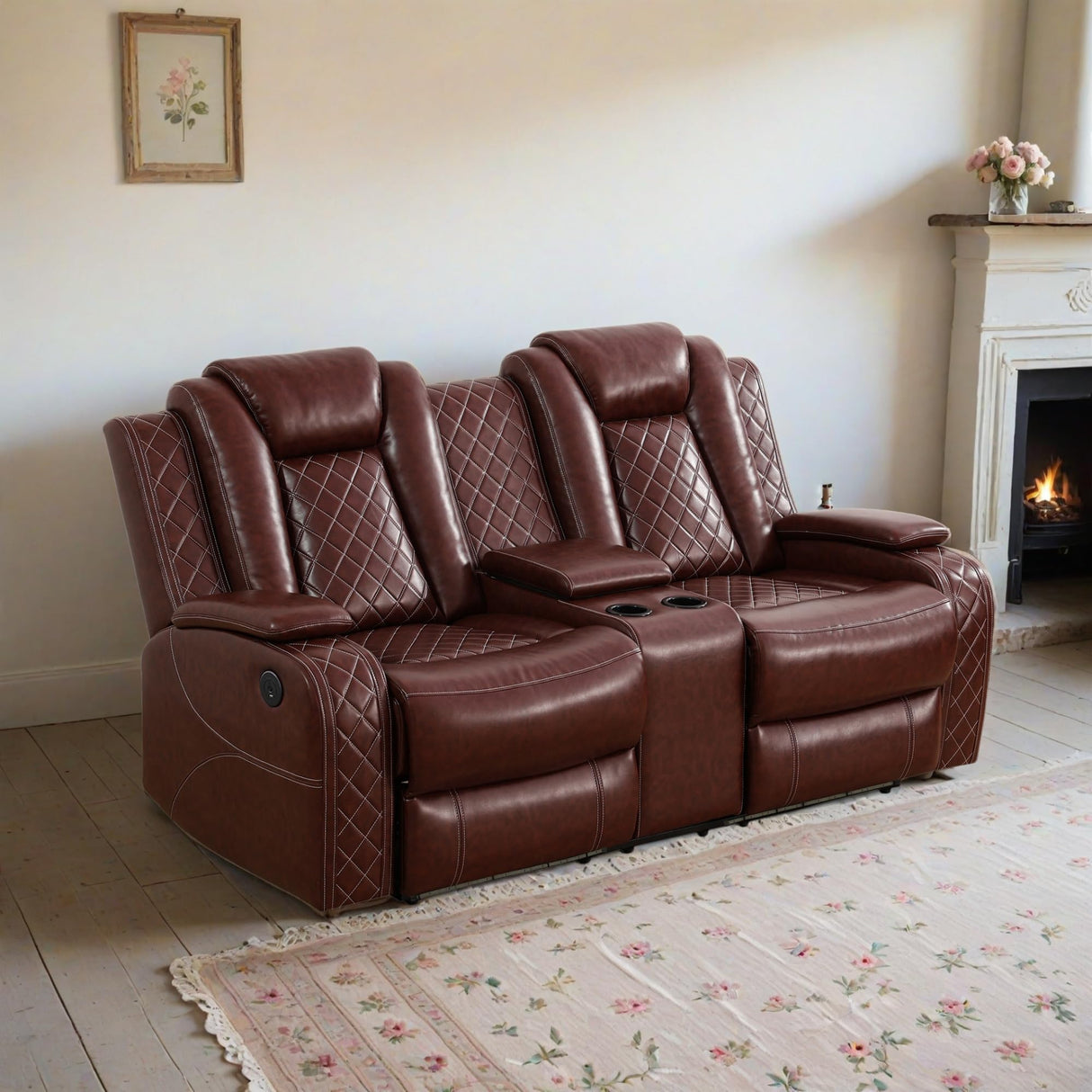 YIORTWO Power Recliner Sofa Set - Breathable Leather Power Recliner Sofa,Living Room Furniture with USB Charging, LED Lights,Hidden Storage Buckets, Stainless Steel Cup Holders(Loveseat,Brown) YIORTWO