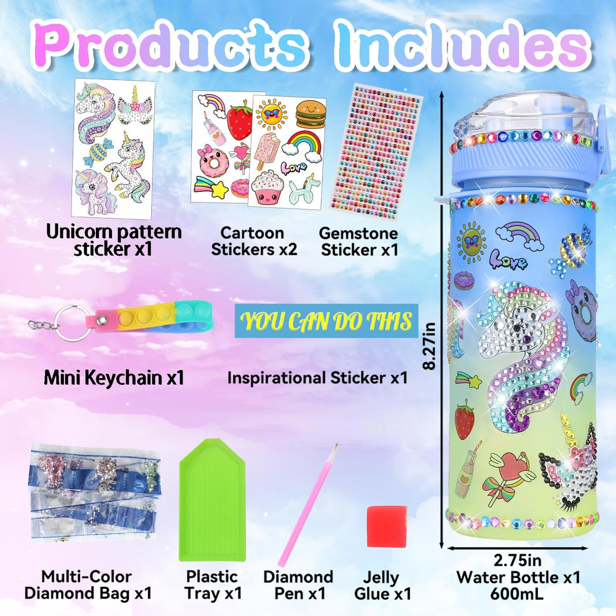 Decorate Your Own Water Bottle Kits for Girls Age 4-6-8-10 - Year Whimsy Unicorn Painting Crafts,Girls Diamond Art Water Bottle,Fun Diamond Sticker Arts and Crafts Gifts Toys for Girls Birthday 600ML YarnWhimsy