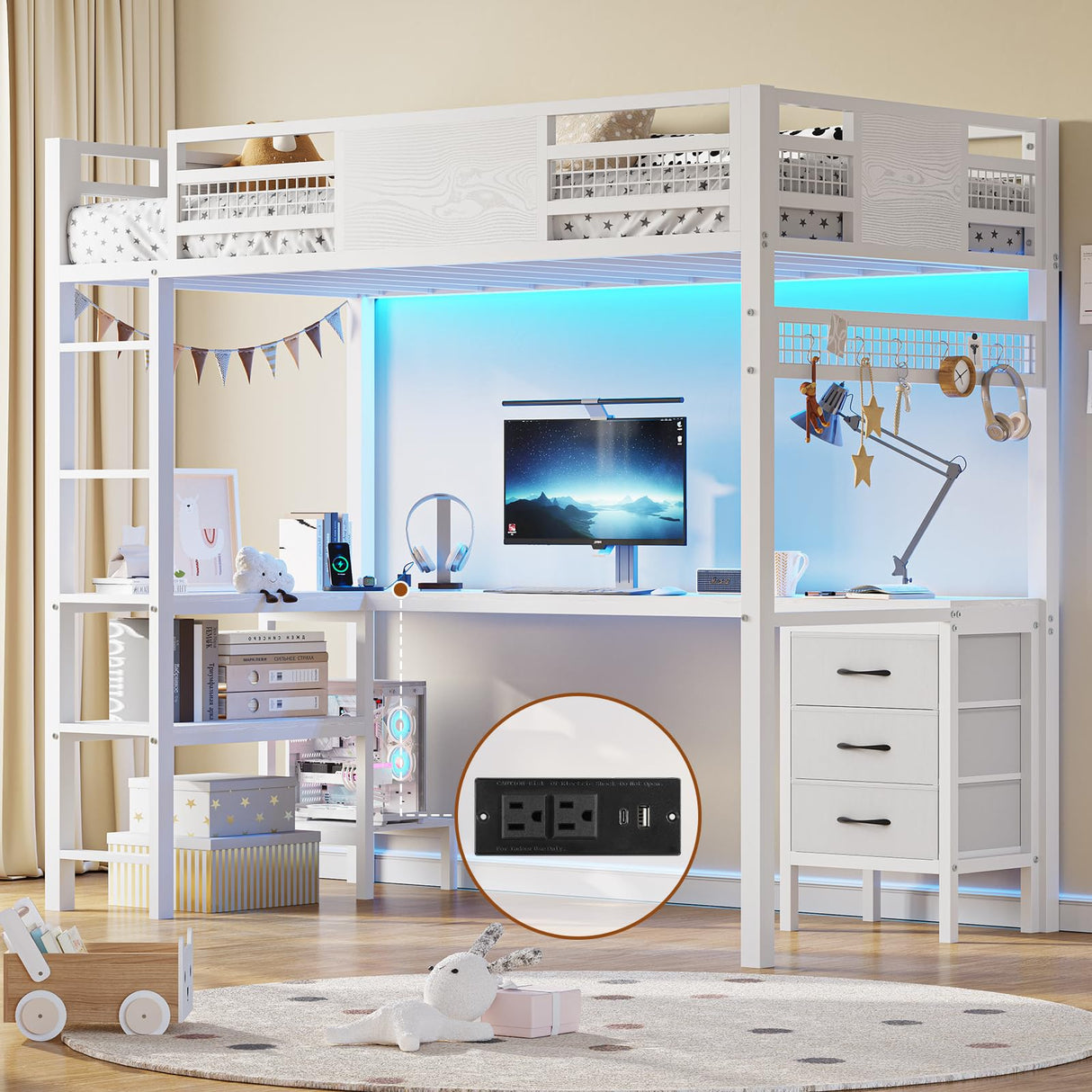 BTHFST Twin Loft Bed with L-Shaped Desk, LED Lights, Charging Station & Storage Solutions BTHFST