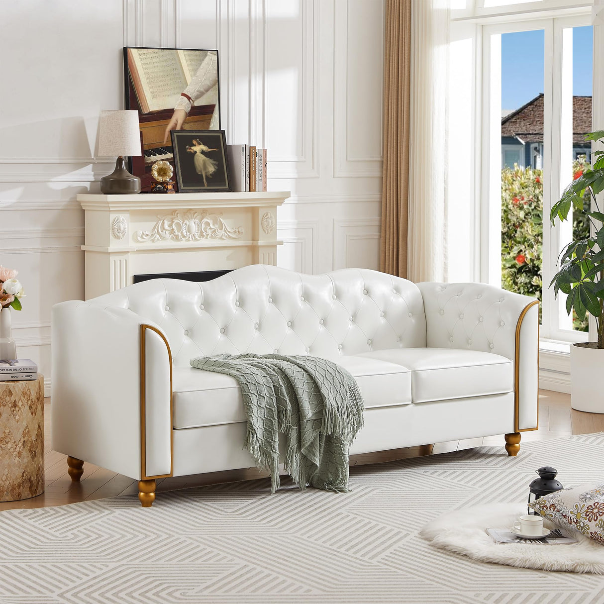 HITHOS 78" Leather Sofa Couch, Soft 3 Seater Sofa Couches for Living Room, Button Tufted Comfy Couch Modern Sofa with Upholstered Cushion, Gold Trim, Solid Wood Legs for Dorm Bedroom Apartment, White HITHOS