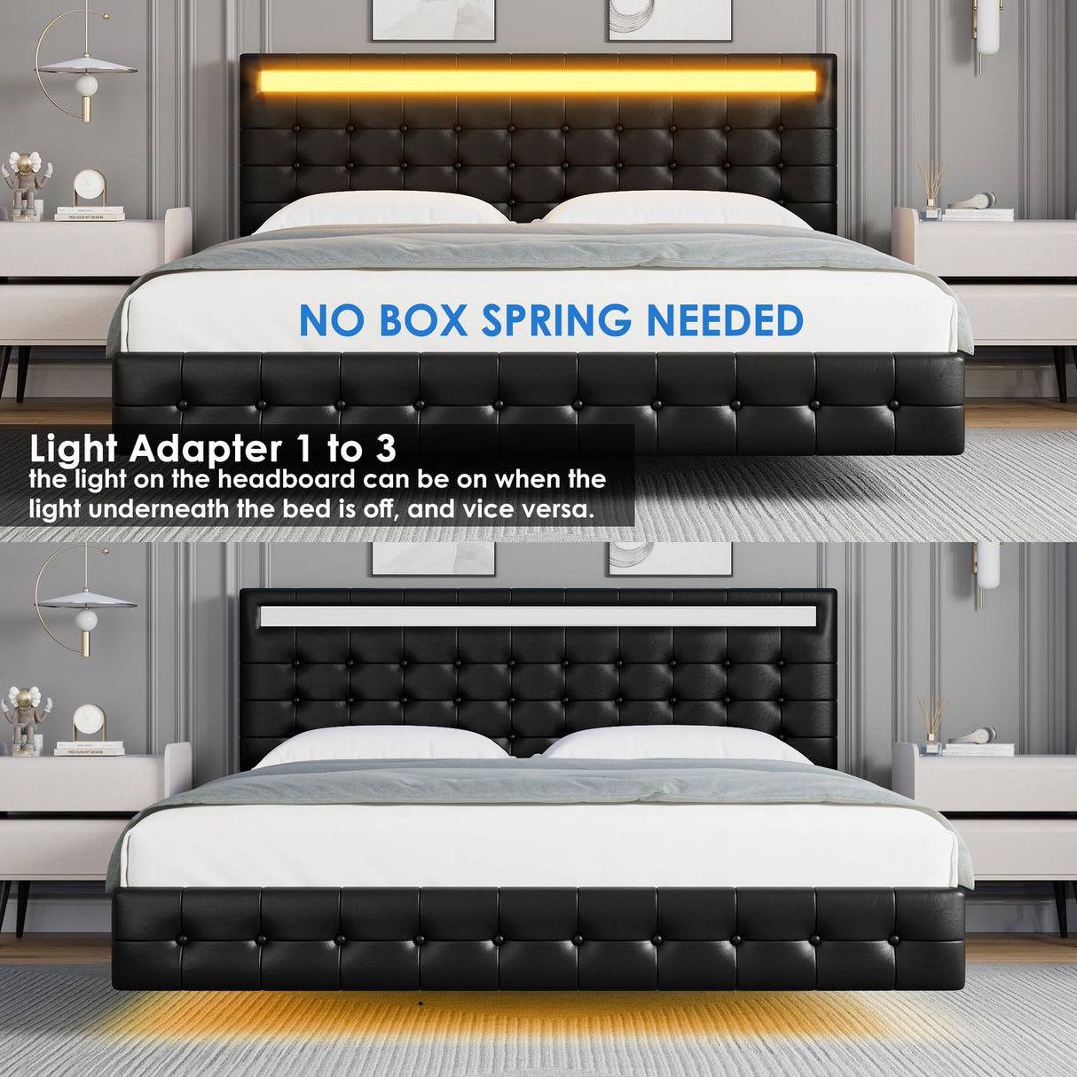 Keyluv Modern King Bed Frame with LED Lights and Upholstered Leather Headboard Keyluv