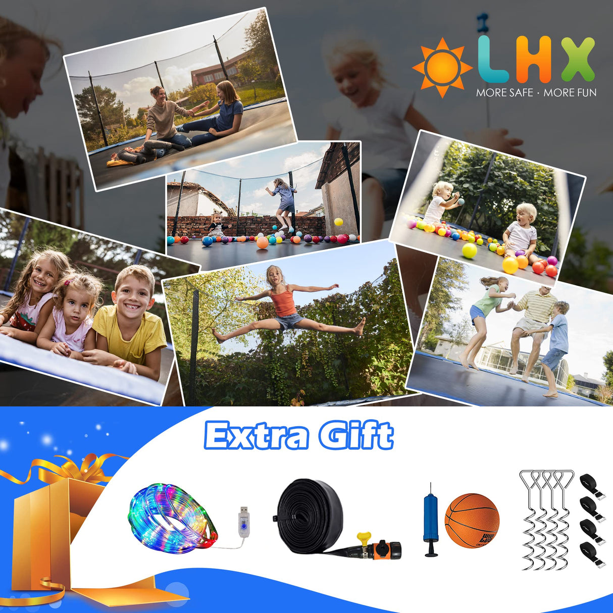 LHX 12FT Tranpoline for Adults and Kids, 1500LBS Tranpoline with Enclosure Net, Basketball Hoop and Ball, Outdoor Tranpoline with Light, Sprinkler, Ladder, Stakes Anchors - ASTM Approval LHX