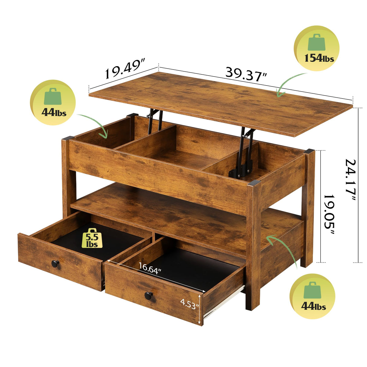 WLIVE Coffee Table, Lift Top Coffee Table with 2 Drawers, Large Storage and Open Shelf, Lift Tabletop for Living Room, Rustic Brown WLIVE