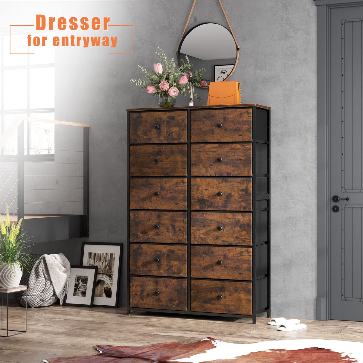 EnHomee 12 Drawer Dresser with Wooden Top and Metal Frame, Tall Fabric Dresser & Chest of Drawers for Bedroom Closet Living Room, Rustic Brown, 11.8" D x 34.7" W x 52.4" H EnHomee