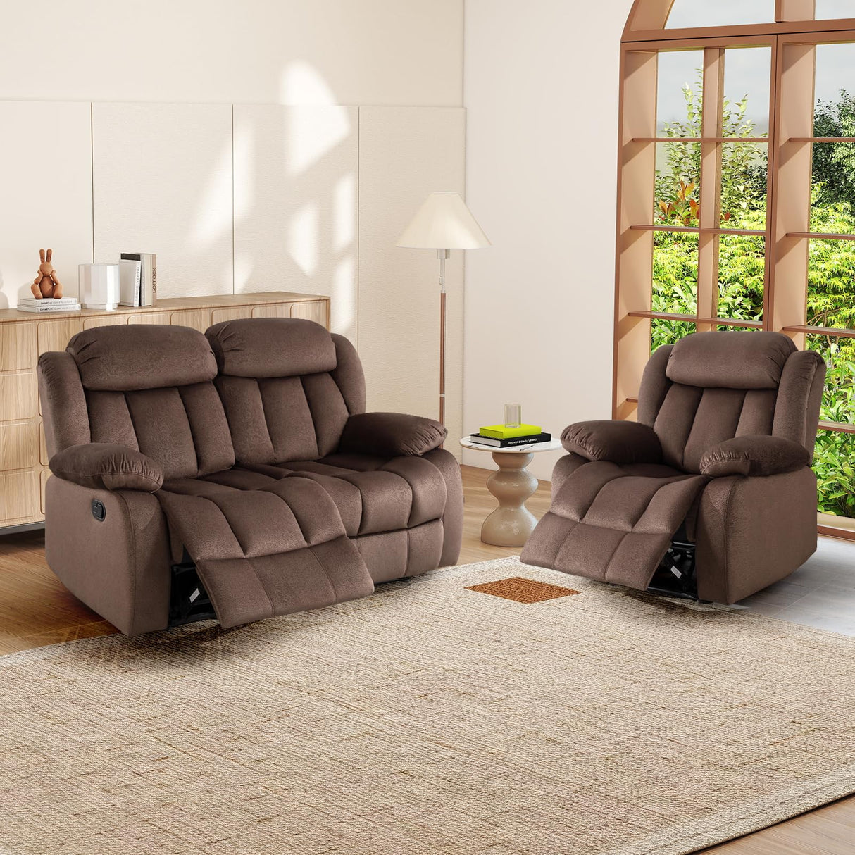 INZOY Manual Reclining Sofa Set, Included Manual Single Recliner Chair and Wall-Hugger 2 Seat Recliner Loveseat, Modern Double Reclining Sofa Couch for Living Room Furniture, Brown, 1+2 INZOY
