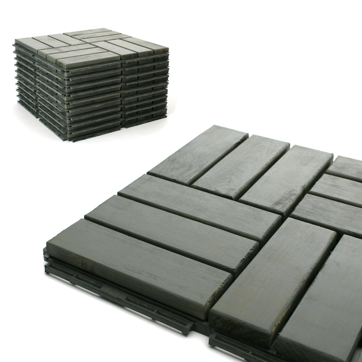 Deck Tiles - Patio Pavers - Acacia Wood Outdoor Flooring - Interlocking Patio Tiles - 12"x12" (20 Pack) - Modern Grey Finish - Checker Pattern Decking 3rd Street Inn