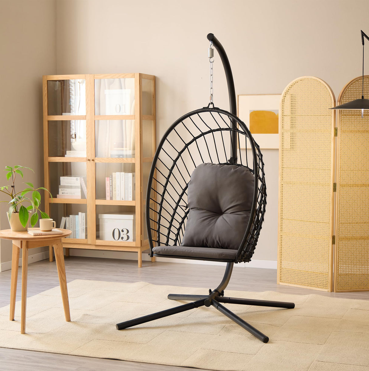 Topfuca Indoor/Outdoor Egg Hanging Chair with Stand - Patio Wicker Swing Hammock Chair. 350lbs Capacity, Cushioned. Ideal for Bedroom, Balcony, Porch, Garden. Versatile Swing Chair for All Spaces Topfuca