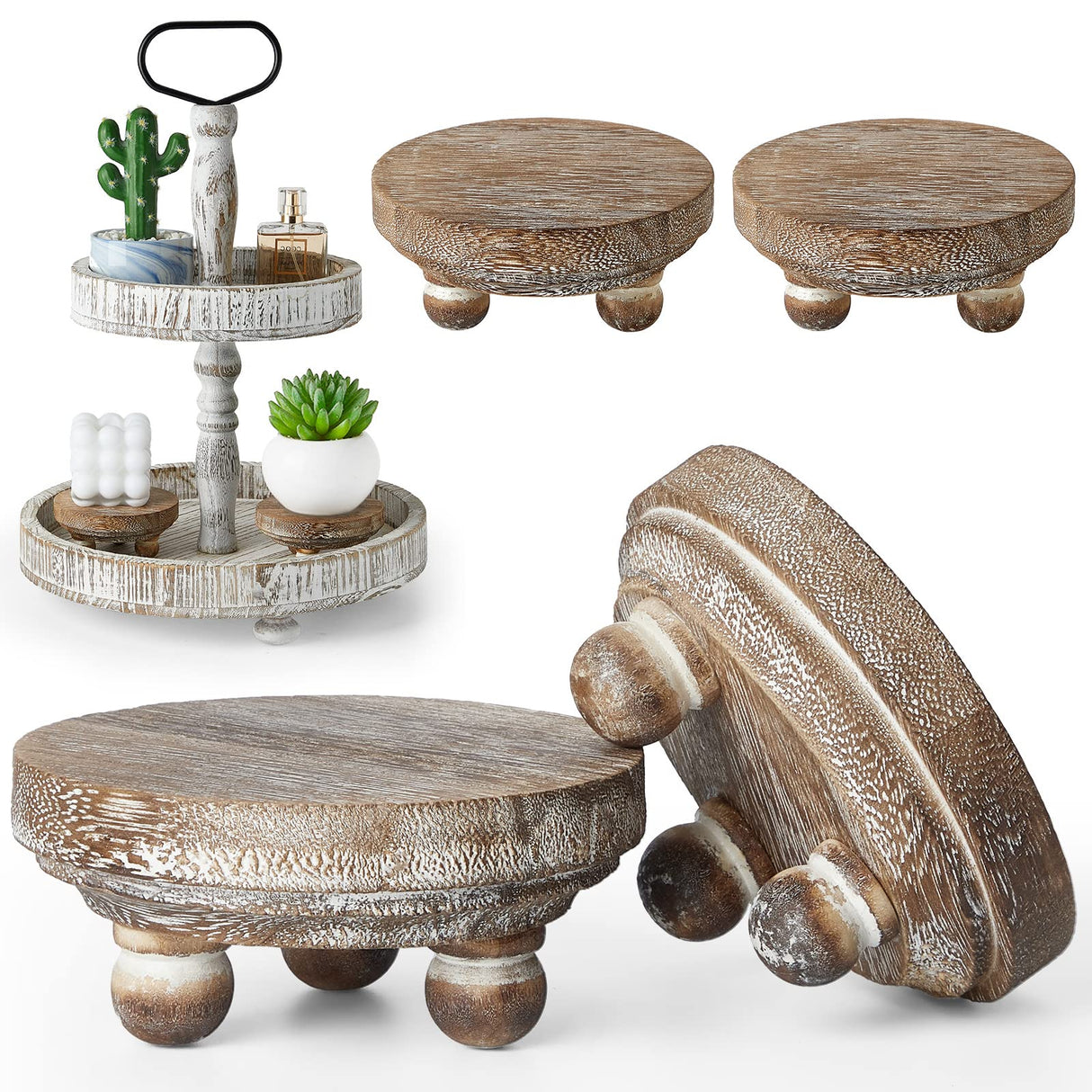 Set of 4 Mini Wood Risers for Decor Round Wooden Riser Small Wooden Stool Display Decorative Riser Stand Farmhouse Risers Rustic Wood Pedestal Stand for Plant Pot Tiered Tray Cake Food Home (Brown) Yalikop