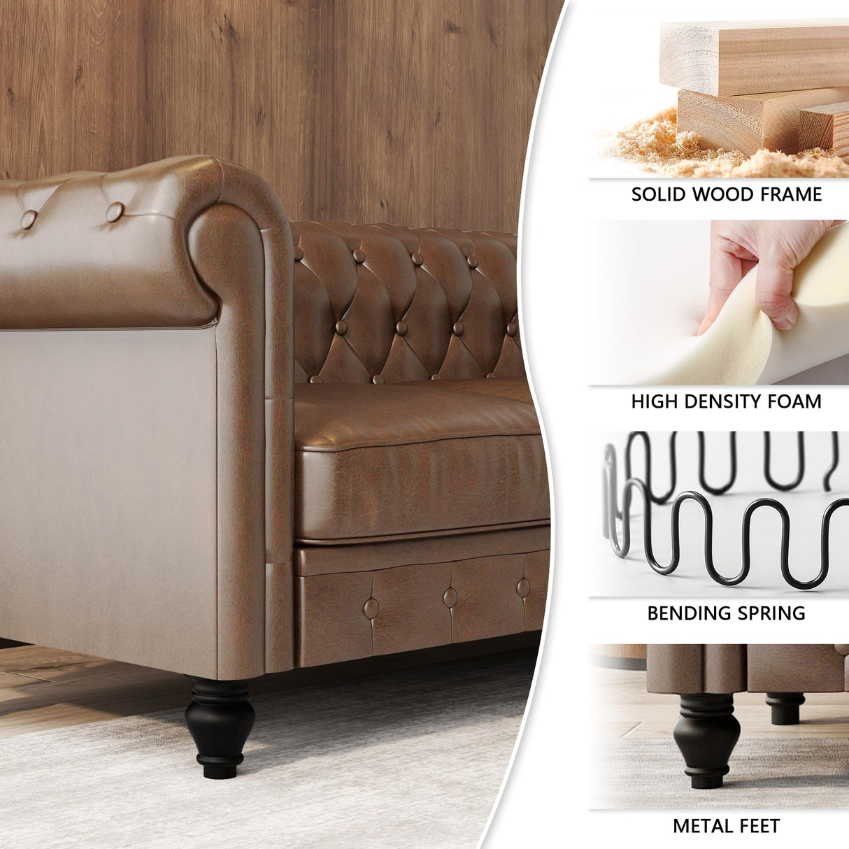 LaiBiKe Leather Brown Sofa for Living Room Chesterfield 3 Seater Couch Sofa Comfortable Soft Sturdy Durable Furniture for Office Bedroom Apartment Hotel Place (03-Brown-80) LaiBiKe