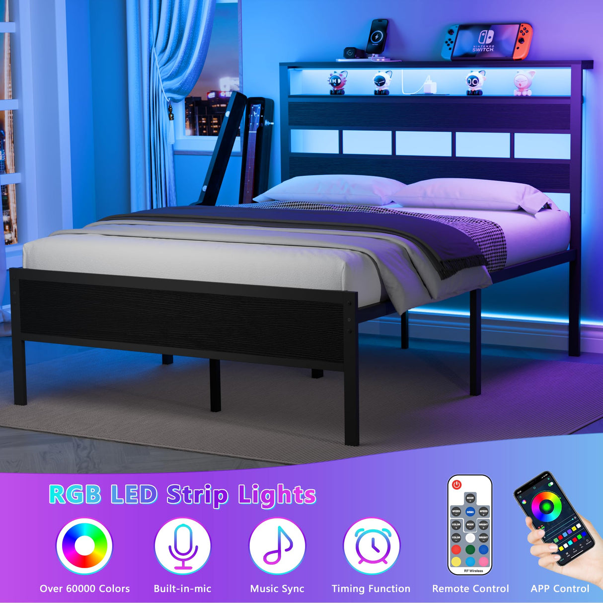 Furnulem Full Size Bed Frame with LED Light and Charging Station, Storage Headboard with 2-Tier Shelves, Metal Platform Bed with Heavy Duty Slats Support, No Box Spring Needed, Black Oak Furnulem