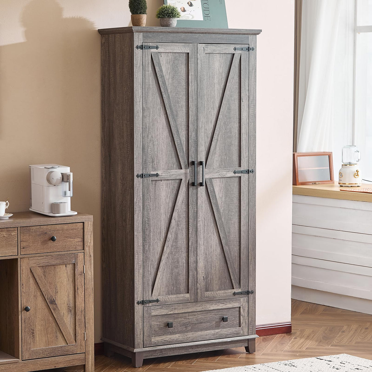 AMERLIFE 72" Tall Kitchen Pantry Storage Cabinet, Farmhouse Food Pantry Cabinet for Kitchen, Living Room, Dining Room, Adjustable Shelves and Drawer, Rustic Grey AMERLIFE