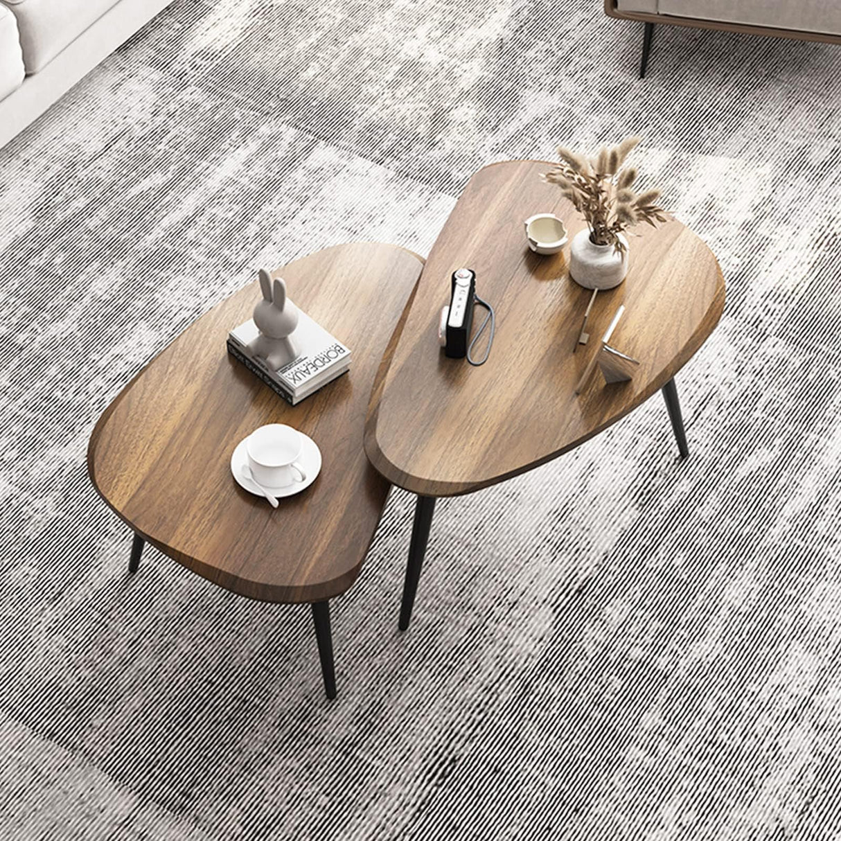 Midcentury Nesting Coffee Table Set of 2, Mid Century Modern Walnut Wood Oval Coffee Tables for Living Room, Compact Coffee Table and Side Table Set for Sofa Bedside Office Balcony or Small Spaces suruim