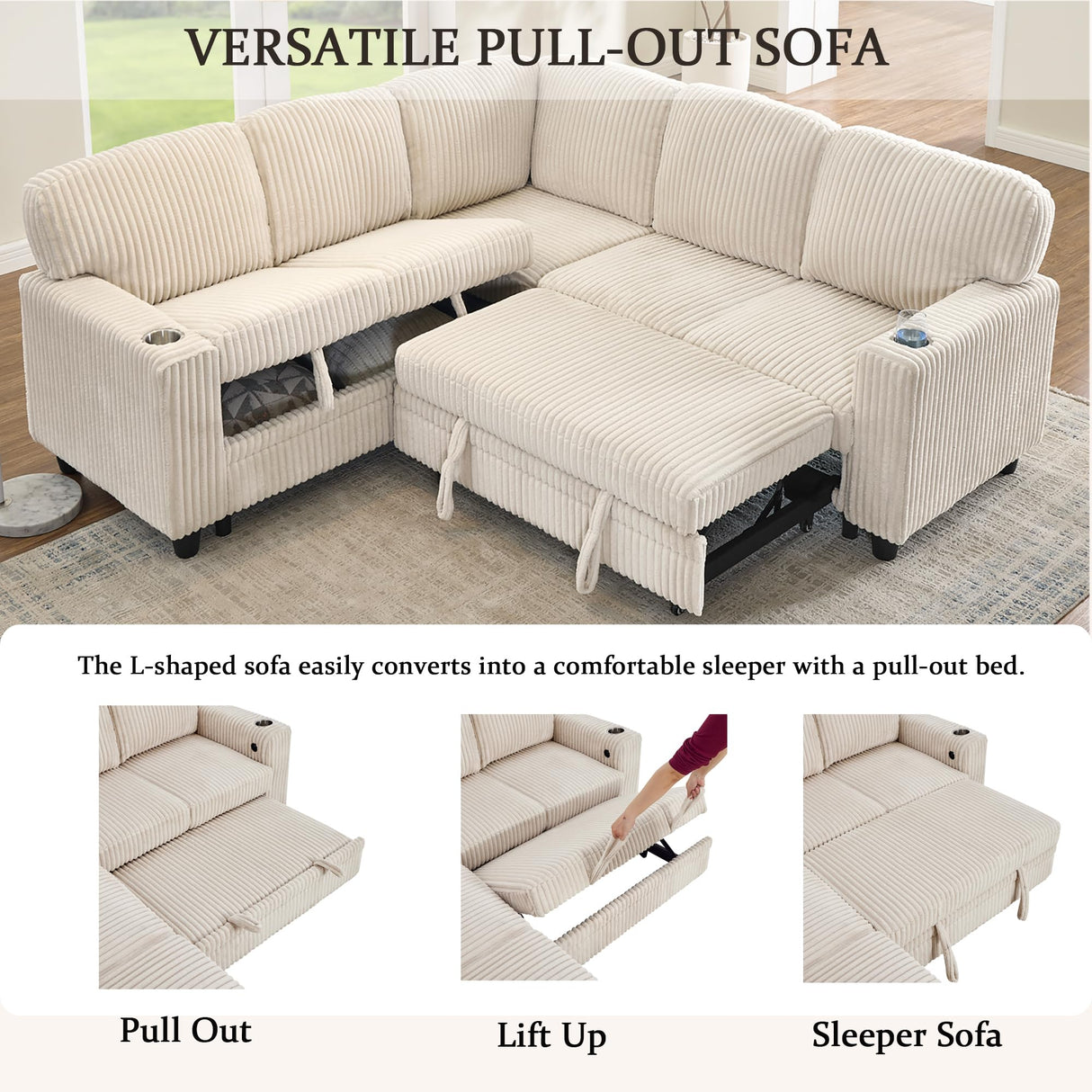 KEIKI 81" L-Shaped Oversized Corduroy Modular Sectional Sleeper Sofa with Pull-Out Bed, Storage Seat, Modern 5-Seater Upholstered Couch Bed with Charging Station, Easy Assembly, for Living Room, Beige KEIKI