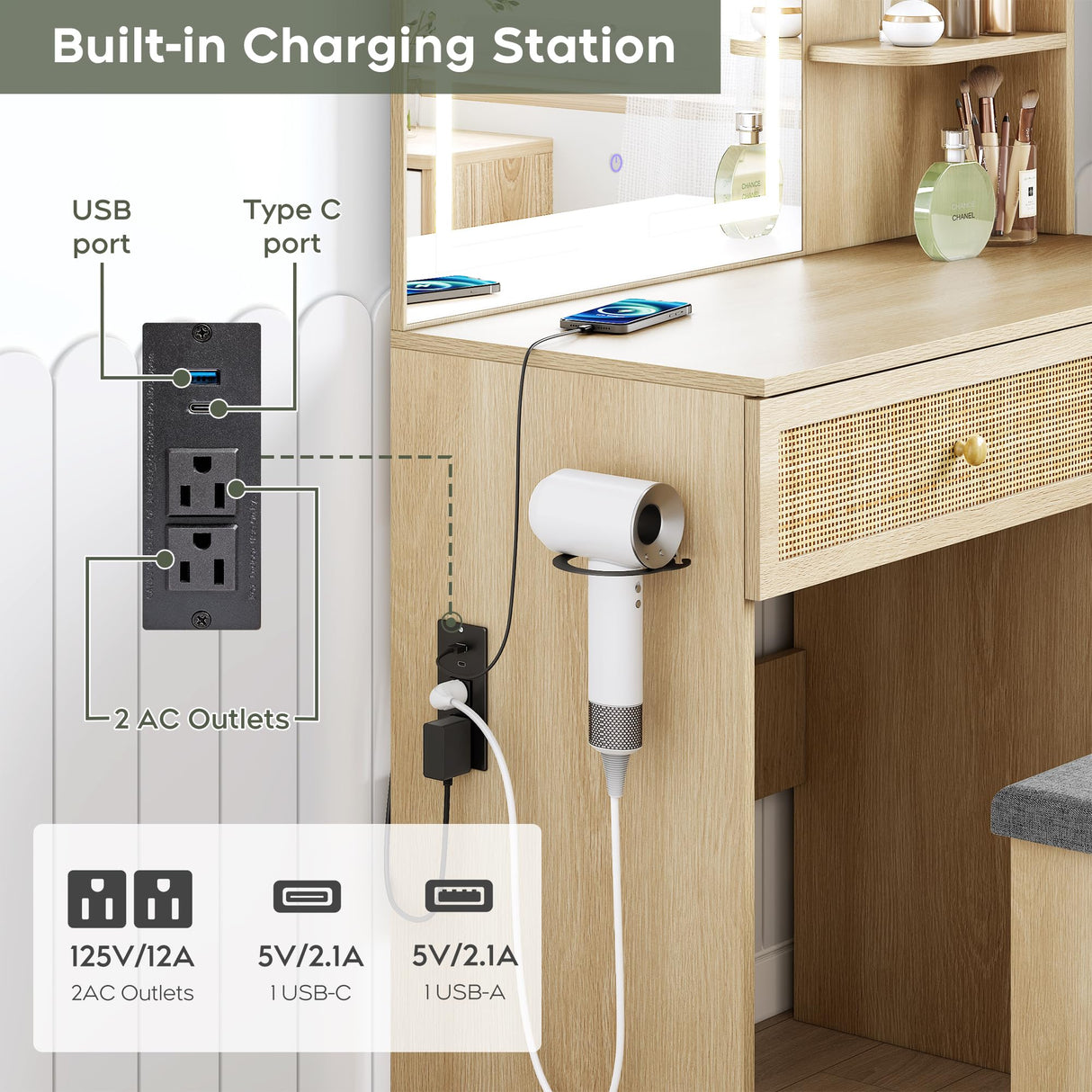 Yechen 35" Boho Makeup Vanity Table with LED Lighted Mirror & Power Strip, Wooden Dressing Table Set with Rattan Drawers, Storage Shelves and Cushioned Stool for Bedroom, Perfect for Girls Women Gift Yechen