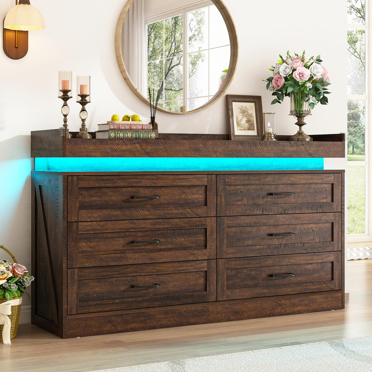 Hlivelood 59" Large Farmhouse 6 Drawers Dresser for Bedroom,Wide Wood Rustic 6 Chests of Drawers for Closet, with LED Light and Power Outlets,Tall Storage Dresser Organizer for Bedroom(Antique Brown) Hlivelood