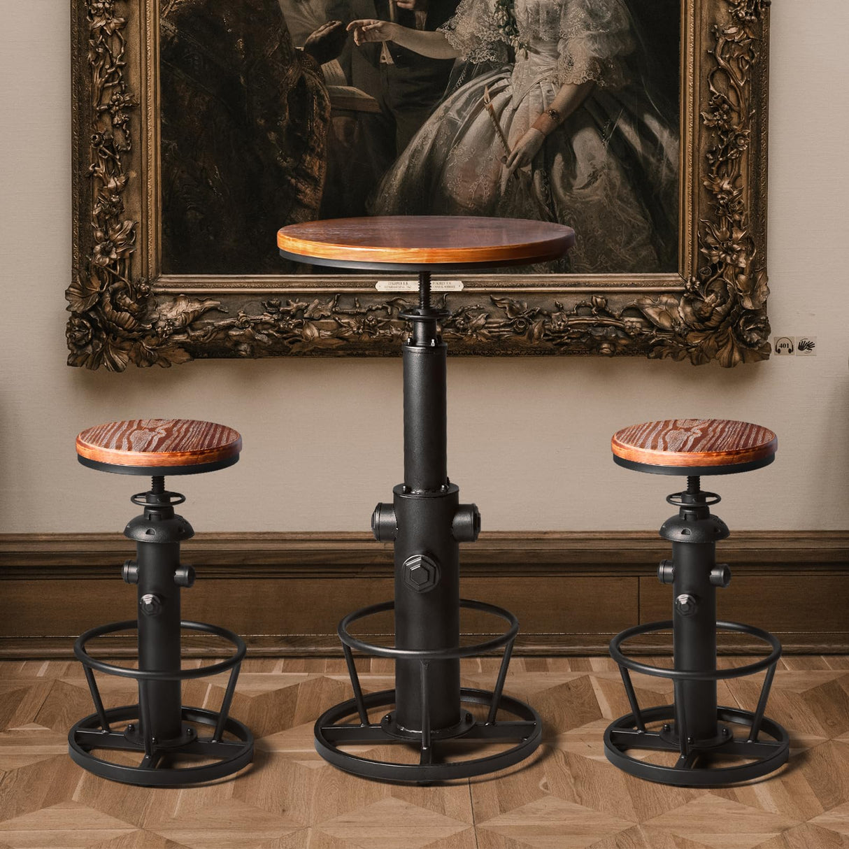 LOKKHAN Industrial Bar Table 38.6"-48.4" Height Adjustable Swivel Round Wood Tabletop 23.7" Dia, Kitchen Dining Office Coffee Bistro Pub Table LOKKHAN