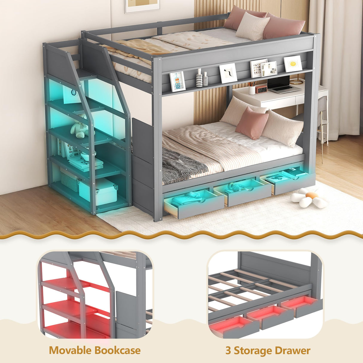 Full Over Full/Futon Bunk Bed with Storage Movable Stairs, Wood Bunkbed Full Size with 3 Drawers Convertible Couch Bed, Multi-functional Full Bed Frame for Kids Teens, No Box Spring Needed (Gray) CAPCAEK