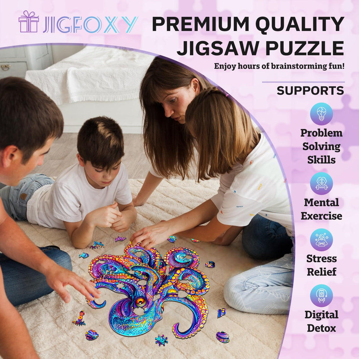 Jigfoxy Wooden Puzzles for Adults, Octopus Wood Puzzles Adult, Unique Animal Shape Wooden Jigsaw Puzzles for Adults, Birthday Gifts for Puzzle Lovers, Family (S-8.5 * 8.4in-100pcs) Jigfoxy