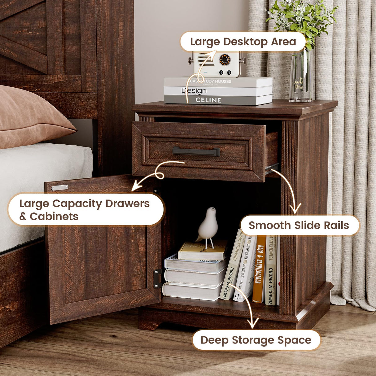 Maupvit Nightstand Set of 2, Bedside Table with Drawers for Bedroom, End Table with Large Storage Cabinet for Small Spaces, Office, Wood, Brown, 17.72” L x 15.75” D x 23.82” H x2 Maupvit