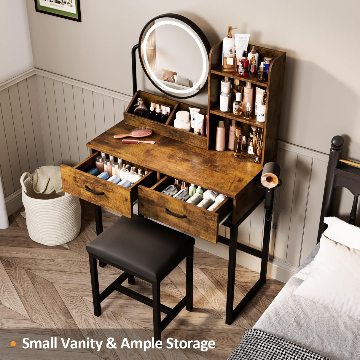 Makeup Vanity Desk with Round Mirror and Lights, White Vanity Makeup Table with 2 Drawers, Small Vanity Table for Bedroom with Lots Storage (Brown and Black, 15.75 * 31.5 * 53.6in) Vabches