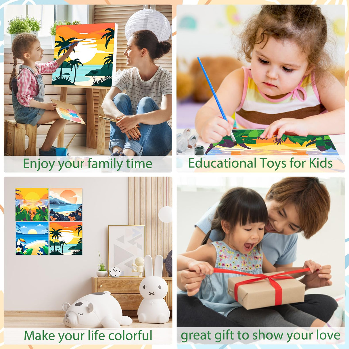 EOBROMD 4 Pack Framed Paint by Numbers Kits for Kids Ages 4-8-12 Landscape, Beach DIY Acrylic Paint by Number on Stretched Canvas, Painting Kits Adults Oil Numbers for Home Decor(8X8inch) EOBROMD