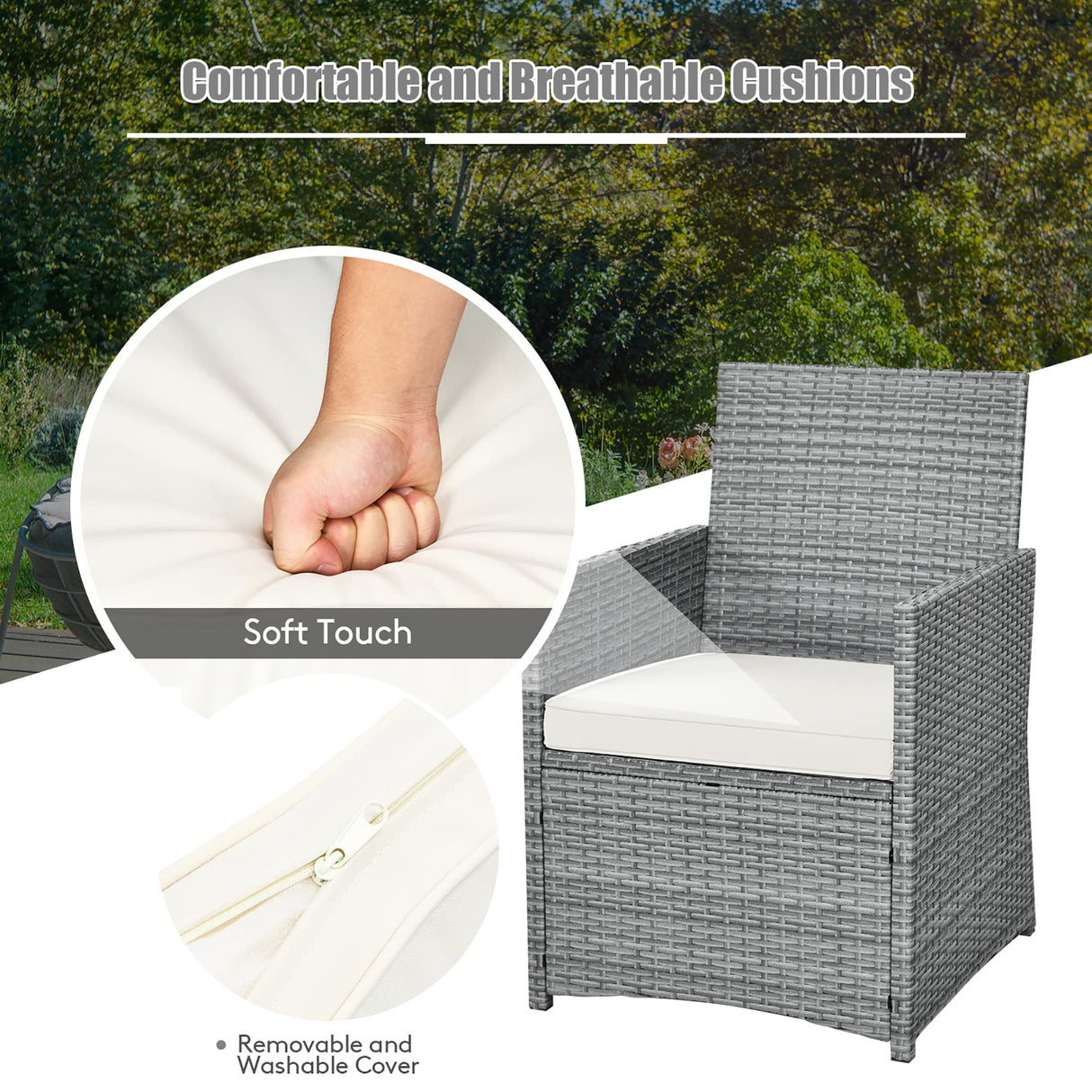 DORTALA 3 Pieces Patio Rattan Furniture Set, Outdoor Wicker Conversation Set with Sponge and Coffee Table, Cushioned Dining Bistro Chair Set for Patio Garden Backyard Pool, White DORTALA