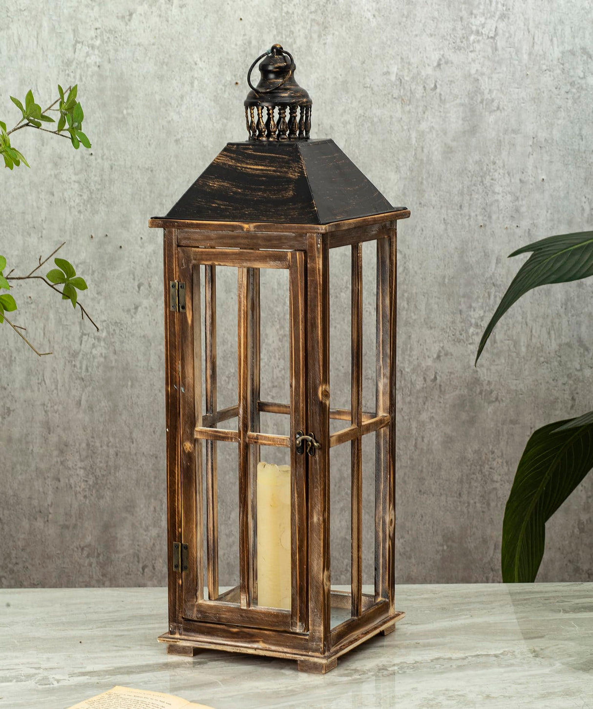 Large Farmhouse Wooden Decorative Lantern Set of 2, Rustic Distressed Brown Burnt Wood Floor Candle Lanterns, Indoor/Outdoor Hanging Lanterns for Home Decor (No Glass) TIMRIS