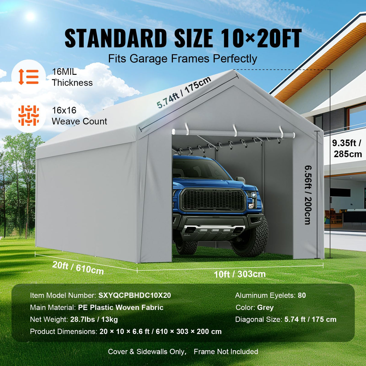 VEVOR Carport Replacement Canopy Cover Top + Side Wall 10 x 20 ft, Garage Tent Shelter Tarp Heavy-Duty Waterproof & UV Protected, Easy Installation with Ball Bungees,Grey (Frame Not Included) VEVOR