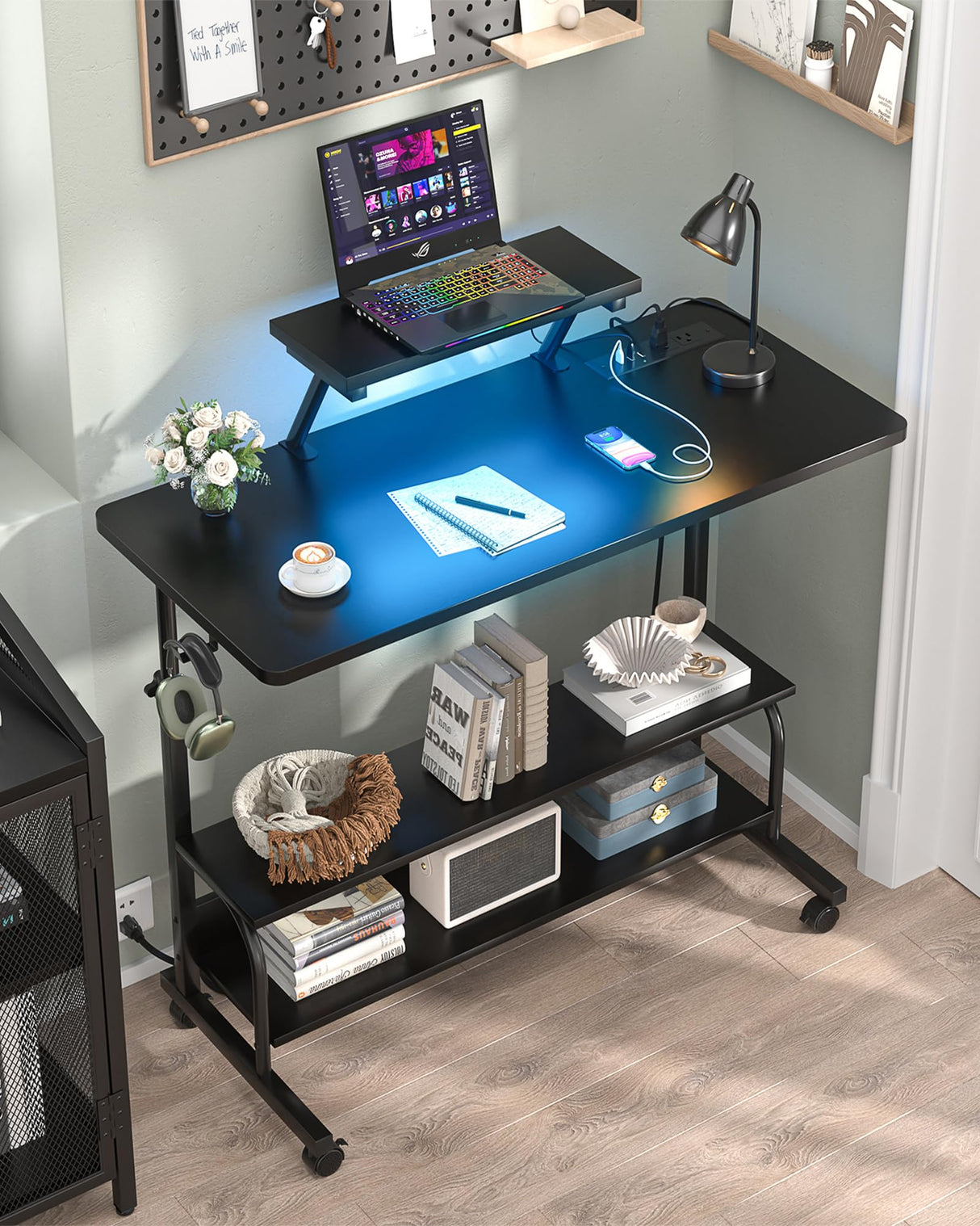 Height Adjustable Standing Desk with Power Outlets and LED Lights - 39" Manual Stand Up Desk with Monitor Stand and Storage Shelves Small Mobile Rolling Computer Desk Portable Laptop Table, Black Besiost