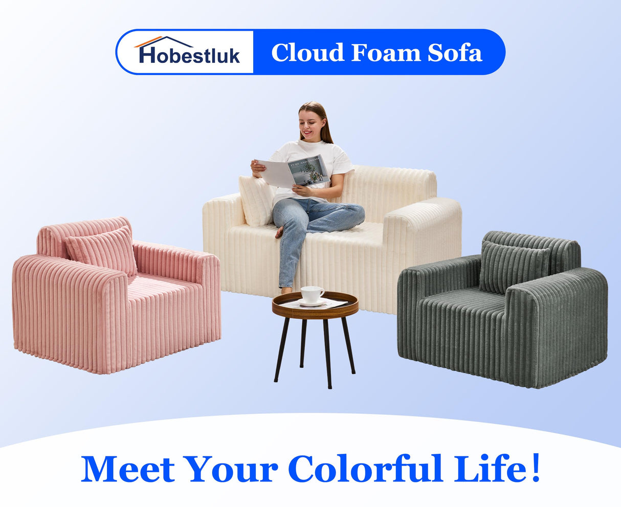 Hobestluk Couch Sofa 2-Seater Foam Sofa Loveseat for Small Spaces Comfy Sofas with Removable Cover Furry Couch with Pillows for Living Room, Bedroom, Apartment, Office (White, Loveseat) Hobestluk