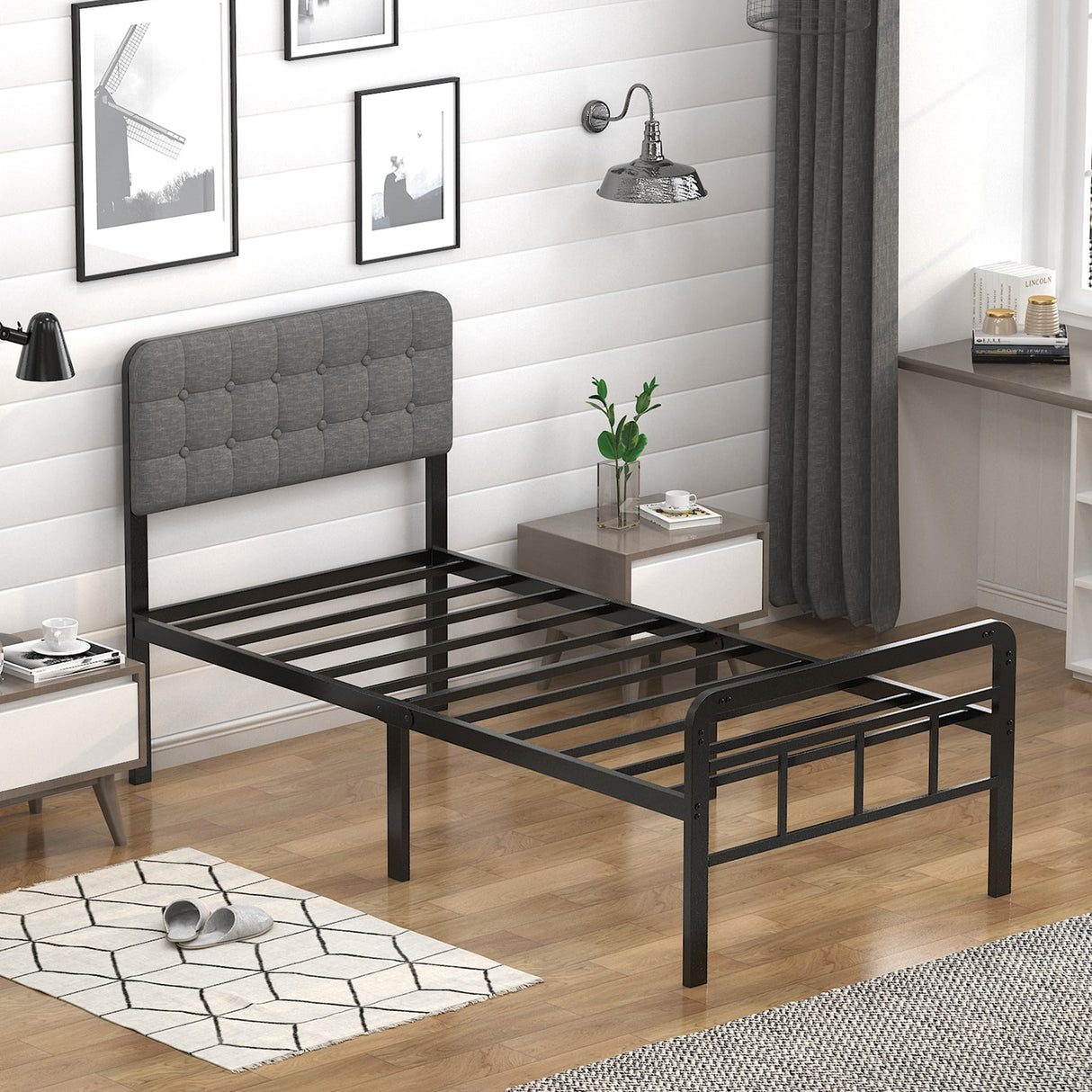 EMODA 16 Inch Twin Size Bed Frames with Upholstered Headboard and Metal Footboard, Heavy Duty Metal Slats Support Mattress Foundation, No Box Spring Needed, Easy Assembly EMODA